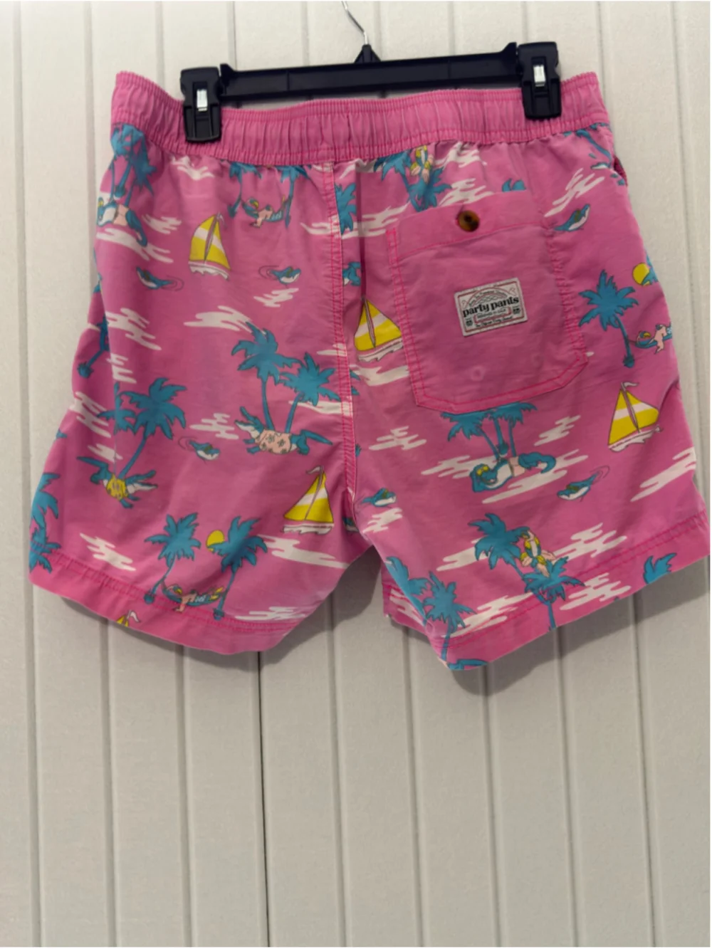 Party Pants Pink Tropical Alligator & Flamingo Swim Trunks – Men’s Medium